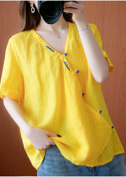 2024 Yellow V Neck Embroideried Cotton Blouses Short Sleeve