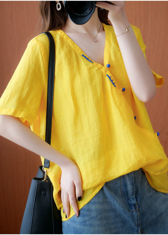 2024 Yellow V Neck Embroideried Cotton Blouses Short Sleeve