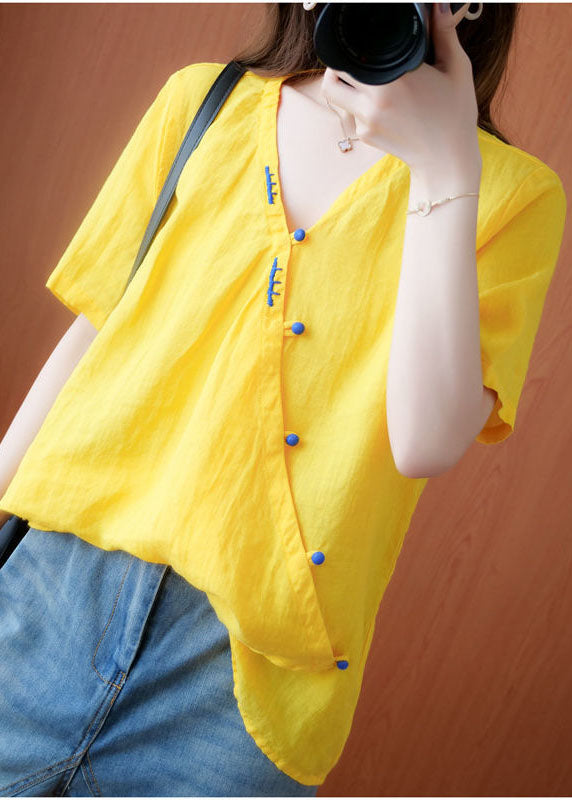 2024 Yellow V Neck Embroideried Cotton Blouses Short Sleeve