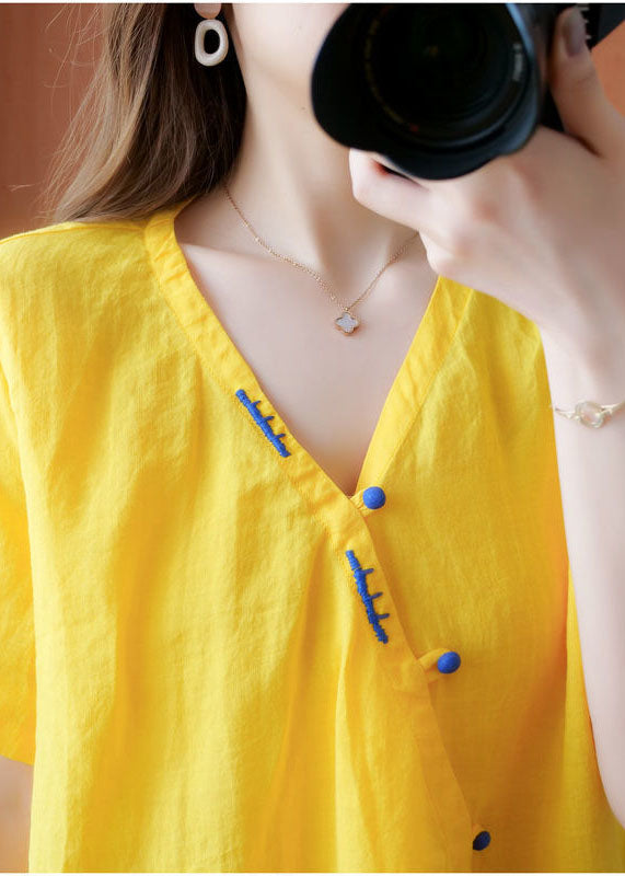 2024 Yellow V Neck Embroideried Cotton Blouses Short Sleeve