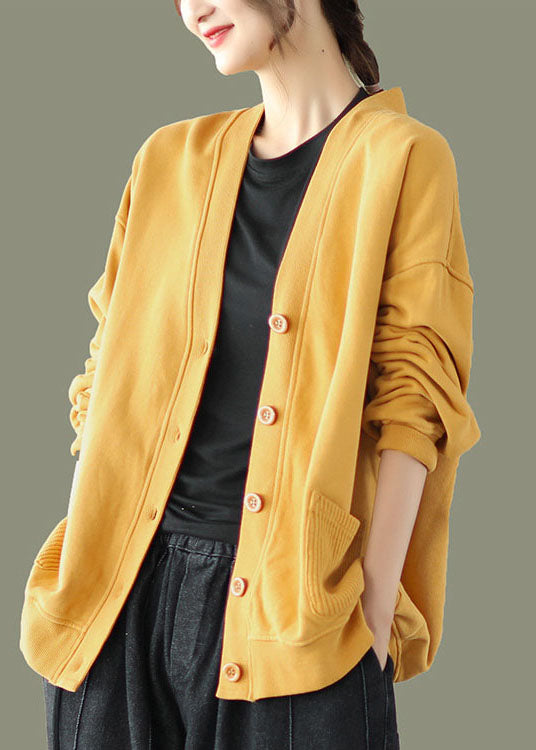 2024 Yellow V Neck Pockets Coats Long Sleeve