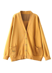 2024 Yellow V Neck Pockets Coats Long Sleeve