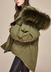 Trendy Army Green hooded Fur collar drawstring Winter Duck Down coat