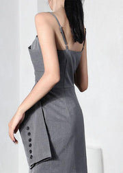 Trendy Grey asymmetrical design Button Spaghetti Strap Mini Dress - SooLinen