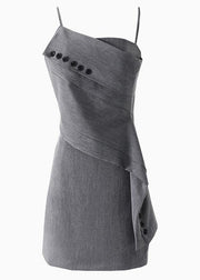 Trendy Grey asymmetrical design Button Spaghetti Strap Mini Dress - SooLinen