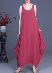 Trendy Red O-Neck Asymmetrical Design Summer Silk Dresses Sleeveless - SooLinen