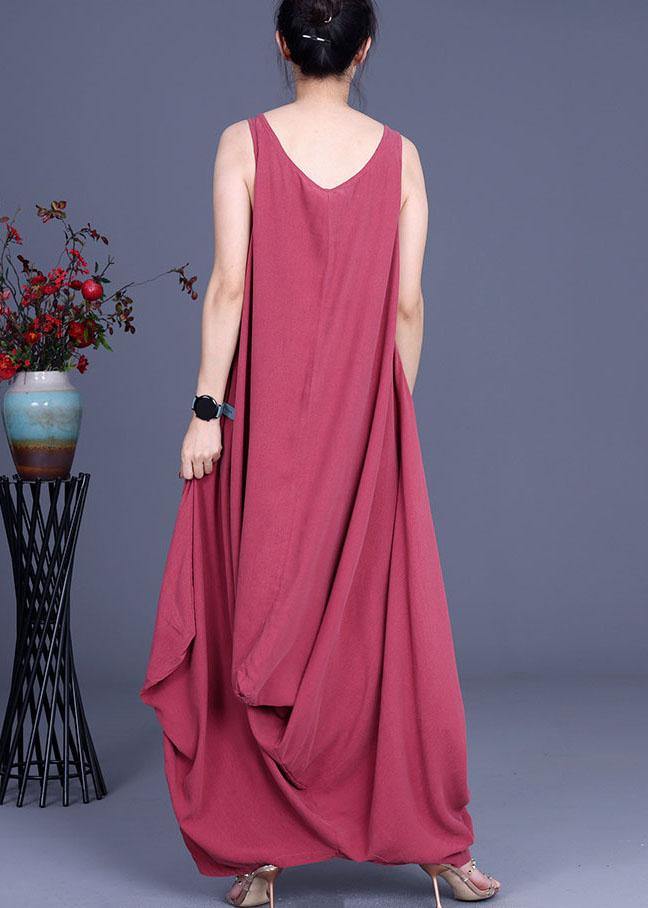 Trendy Red O-Neck Asymmetrical Design Summer Silk Dresses Sleeveless - SooLinen