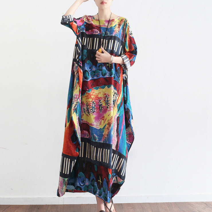 Tropical element floral baggy linen dresses oversize caftans gown casual style