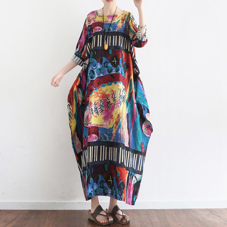 Tropical element floral baggy linen dresses oversize caftans gown casual style