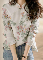 Unique Beige Print Linen Blouses Spring