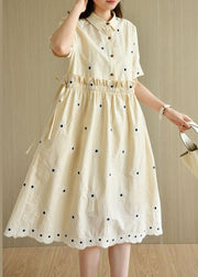 Unique Beige Yellow PeterPan Collar Button Embroideried Summer Cotton Vacation Dresses - SooLinen