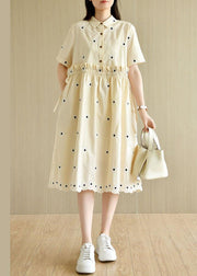 Unique Beige Yellow PeterPan Collar Button Embroideried Summer Cotton Vacation Dresses - SooLinen