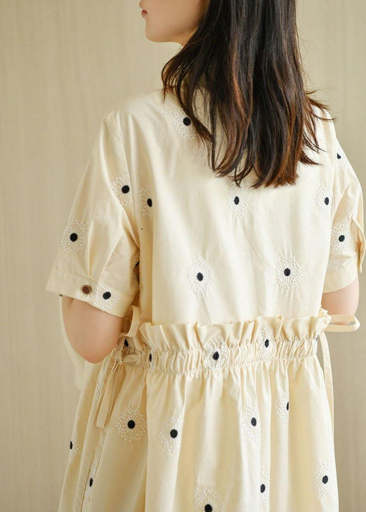 Unique Beige Yellow PeterPan Collar Button Embroideried Summer Cotton Vacation Dresses - SooLinen