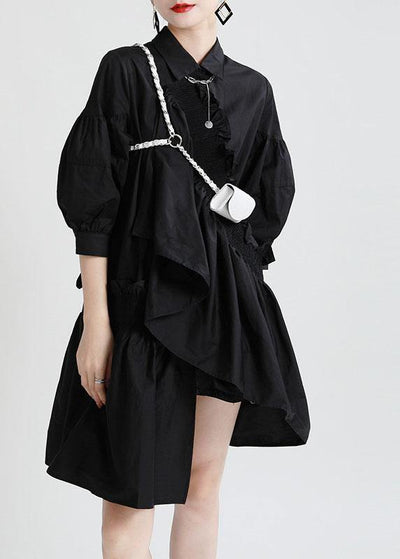 Unique Black Asymmetrical Design Patchwork Summer Robe Dresses - SooLinen