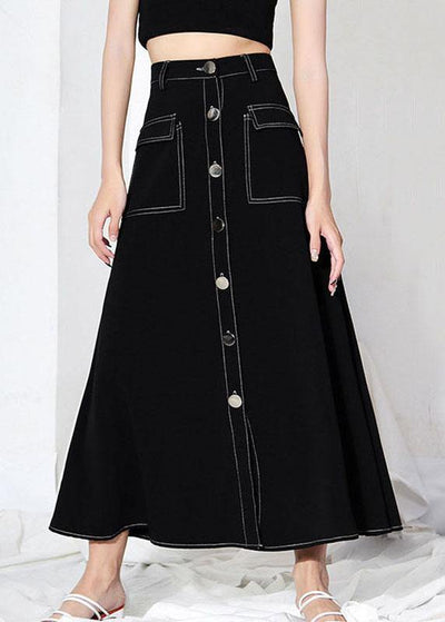 Unique Black Button Pockets A Line Skirts - SooLinen