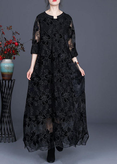 Unique Black Lace Dress Casual Plus Size Caftans Gown - SooLinen