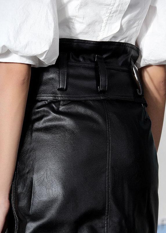 Unique Black High Waist zippered Asymmetrical PU Skirts - SooLinen