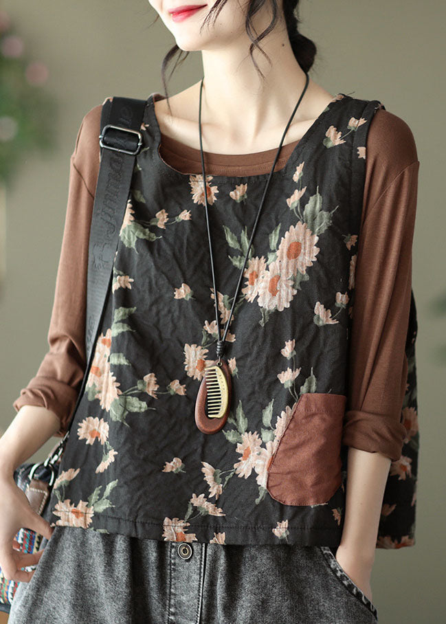 Unique Black O-Neck Print Linen Vest Sleeveless