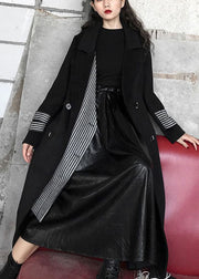 Unique Black Peter Pan Collar Pockets Striped Patchwork Woolen Coats Spring