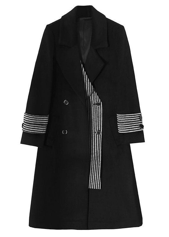 Unique Black Peter Pan Collar Pockets Striped Patchwork Woolen Coats Spring