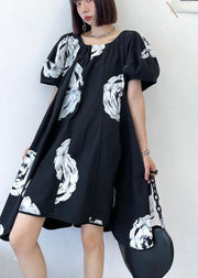 Unique Black Print O neck Cotton Puff Sleeve Mini Dress summer - SooLinen