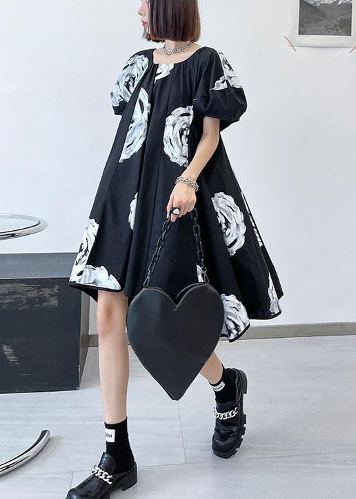 Unique Black Print O neck Cotton Puff Sleeve Mini Dress summer - SooLinen