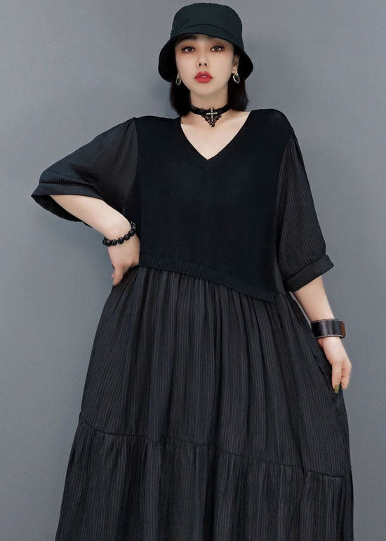 Unique Black V Neck Patchwork long Dresses Half Sleeve