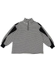 Unique Black White Striped Loose zippered Patchwork Fall Long sleeve Top