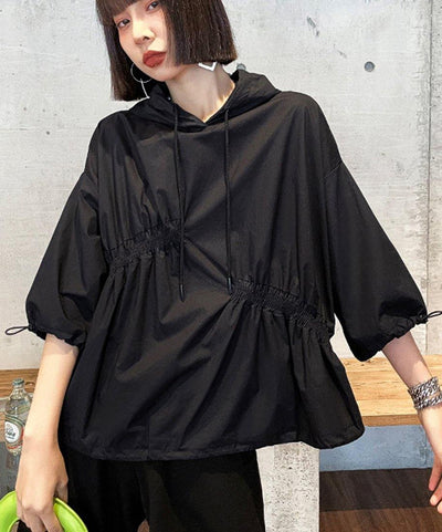 Unique Black hooded Cinched Half Sleeve Top - SooLinen