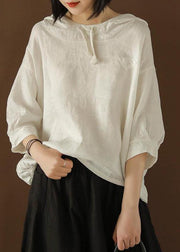 Unique Blouse Indian Linen Summer Literary White Hooded Three Quarter Sleeve T-shirt - SooLinen