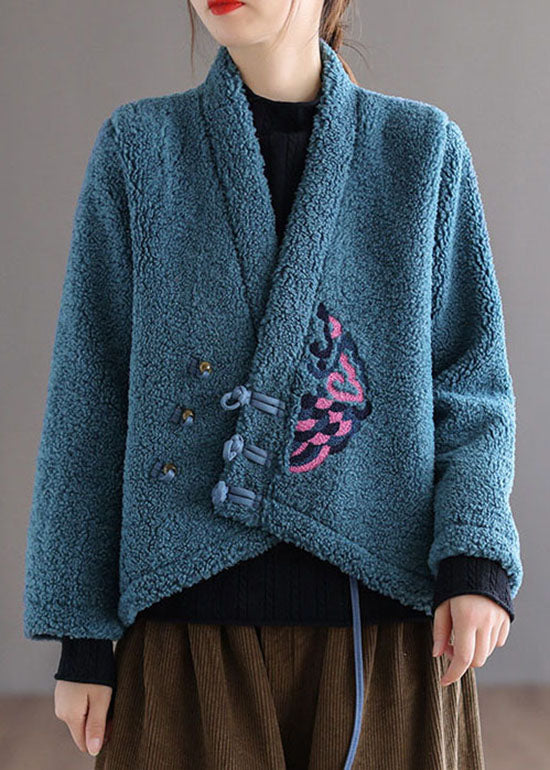 Unique Blue Button V Neck Embroideried Faux Fur Coats Spring