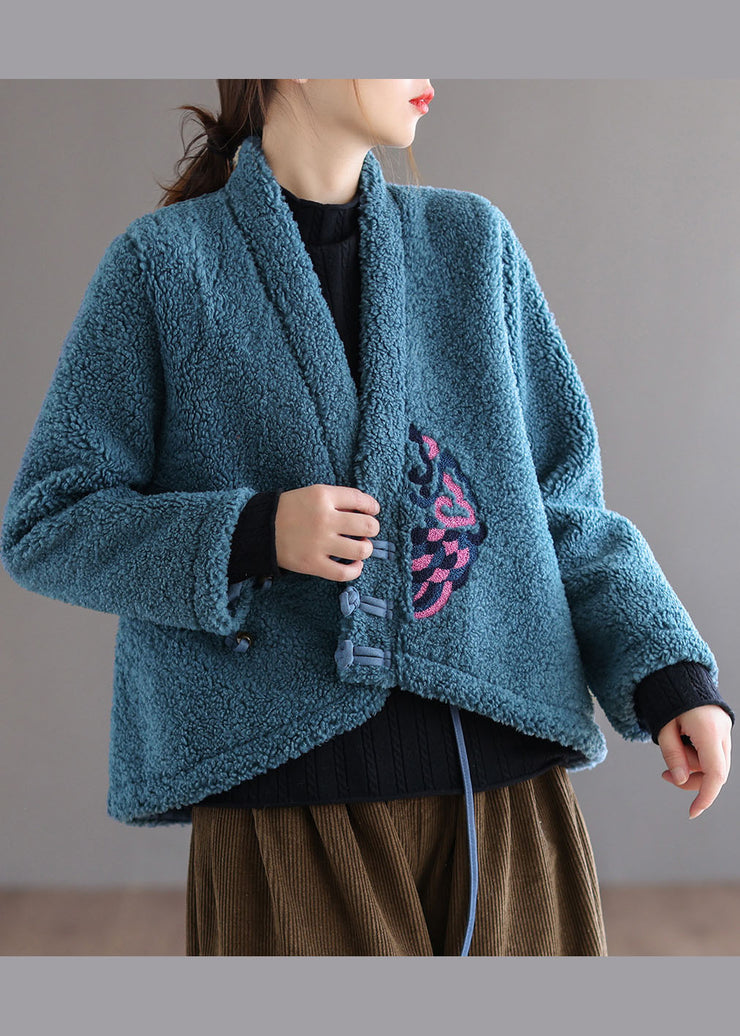 Unique Blue Button V Neck Embroideried Faux Fur Coats Spring