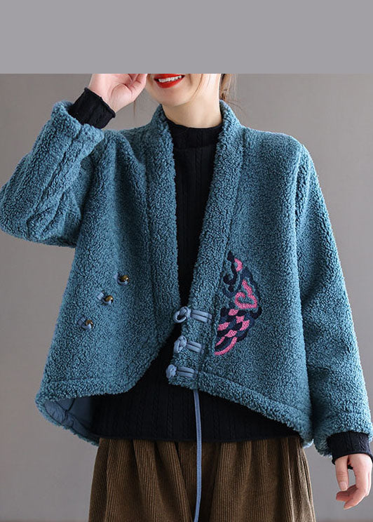 Unique Blue Button V Neck Embroideried Faux Fur Coats Spring