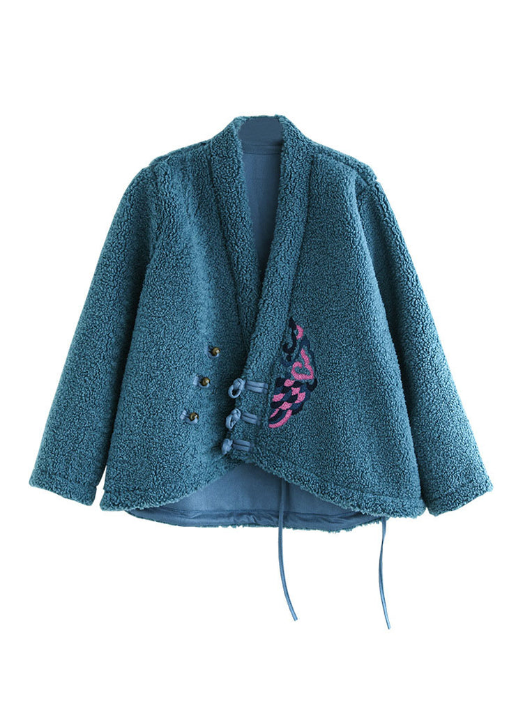 Unique Blue Button V Neck Embroideried Faux Fur Coats Spring