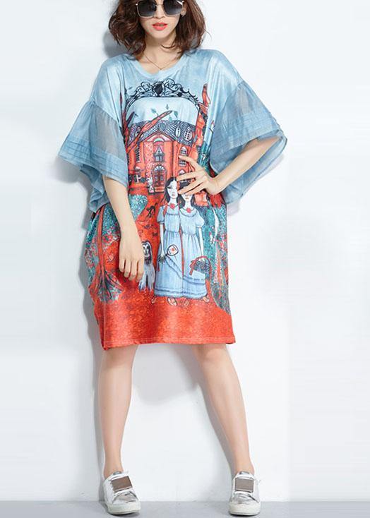 Unique Blue O-Neck Pockets Print Summer Flare Sleeve Party Dress - SooLinen