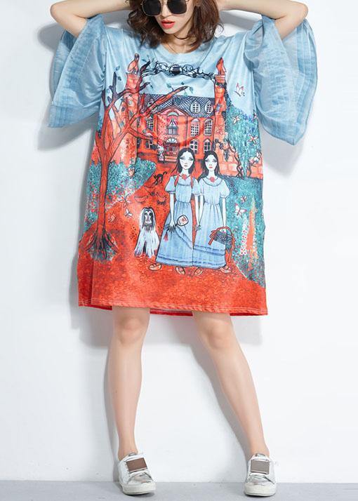 Unique Blue O-Neck Pockets Print Summer Flare Sleeve Party Dress - SooLinen