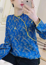 Unique Blue O-Neck side open Jacquard Patchwork Silk Tops Spring