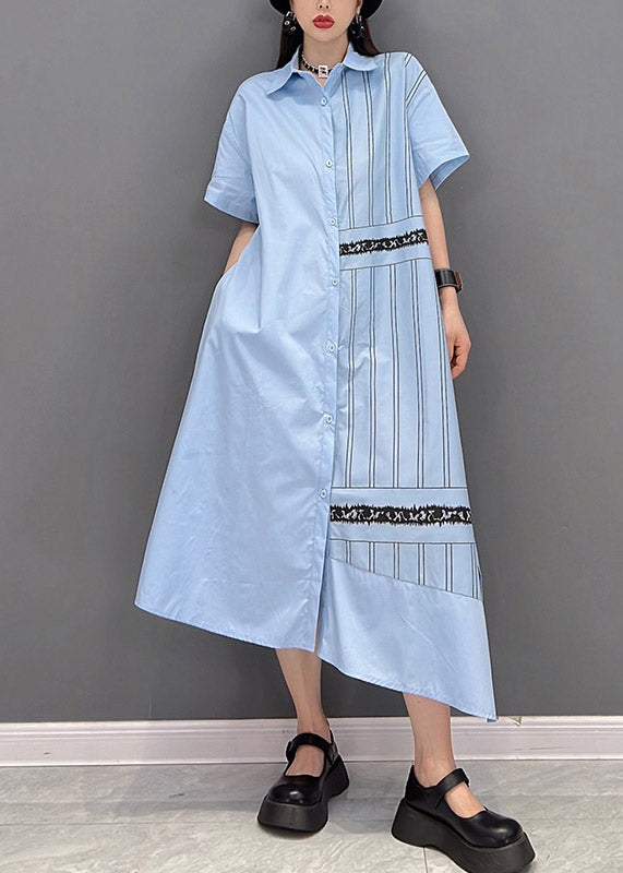 Unique Blue Peter Pan Collar Asymmetrical Striped Button Side Open Dress Short Sleeve