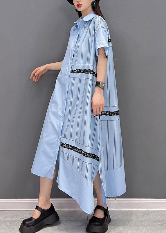 Unique Blue Peter Pan Collar Asymmetrical Striped Button Side Open Dress Short Sleeve