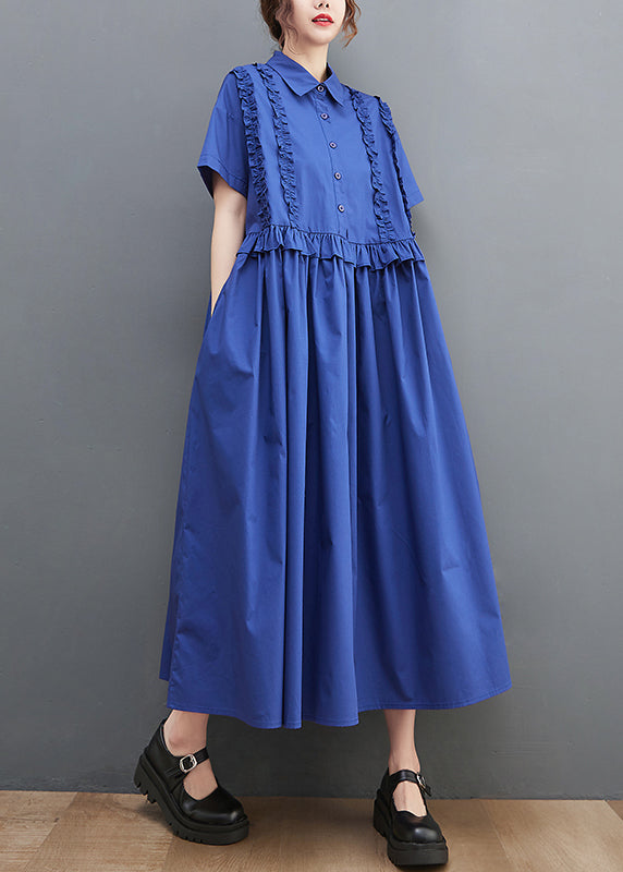 Unique Blue Peter Pan Collar Button Wrinkled Cotton shirt Dress Short Sleeve