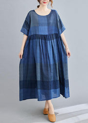 Unique Blue Plaid Casual Pockets A Line Summer Maxi Dresses Half Sleeve - SooLinen