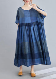 Unique Blue Plaid Casual Pockets A Line Summer Maxi Dresses Half Sleeve - SooLinen