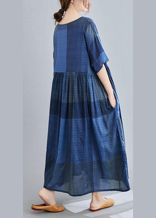 Unique Blue Plaid Casual Pockets A Line Summer Maxi Dresses Half Sleeve - SooLinen