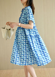 Unique Blue Plaid O-Neck A Line Summer Chiffon Dress Short Sleeve - SooLinen