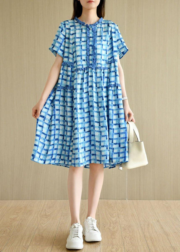 Unique Blue Plaid O-Neck A Line Summer Chiffon Dress Short Sleeve - SooLinen