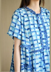 Unique Blue Plaid O-Neck A Line Summer Chiffon Dress Short Sleeve - SooLinen