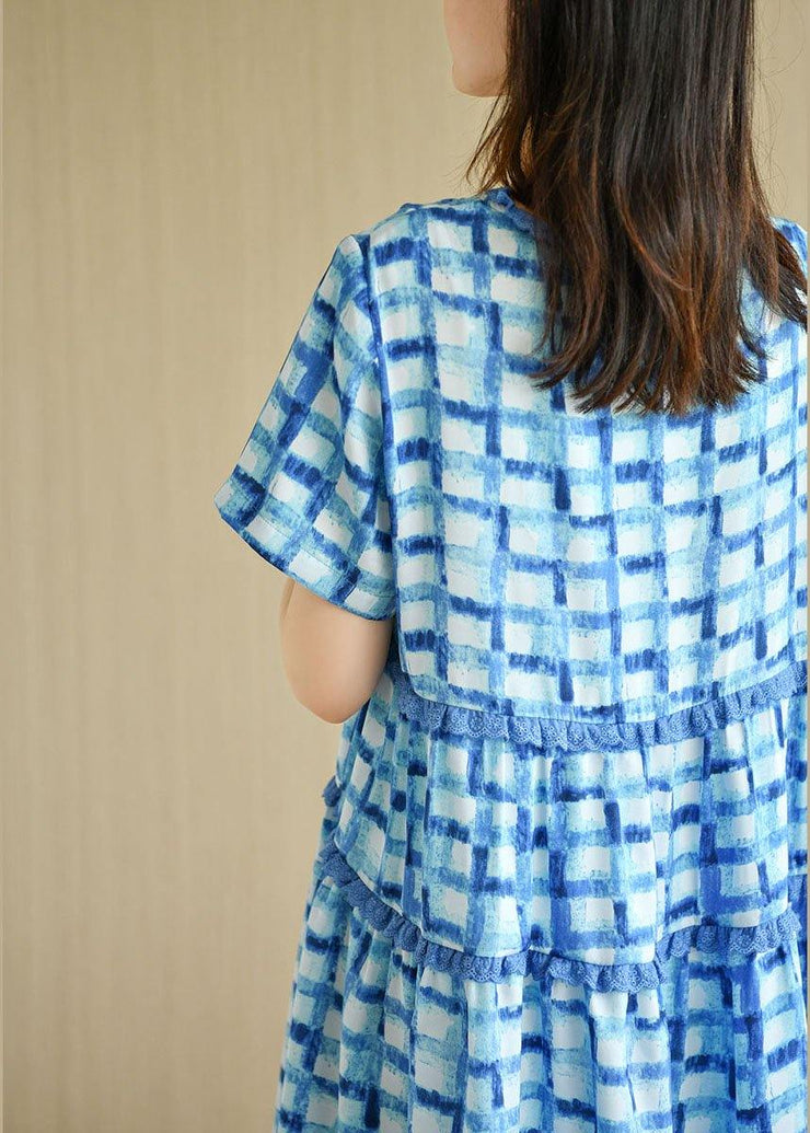 Unique Blue Plaid O-Neck A Line Summer Chiffon Dress Short Sleeve - SooLinen