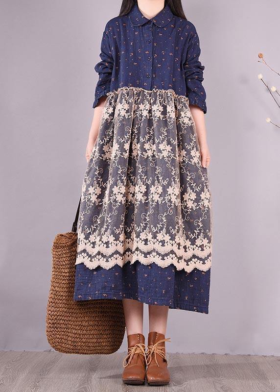 Unique Blue Print Dresses Patchwork Lace Kaftan Spring Dress - SooLinen