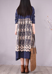 Unique Blue Print Dresses Patchwork Lace Kaftan Spring Dress - SooLinen