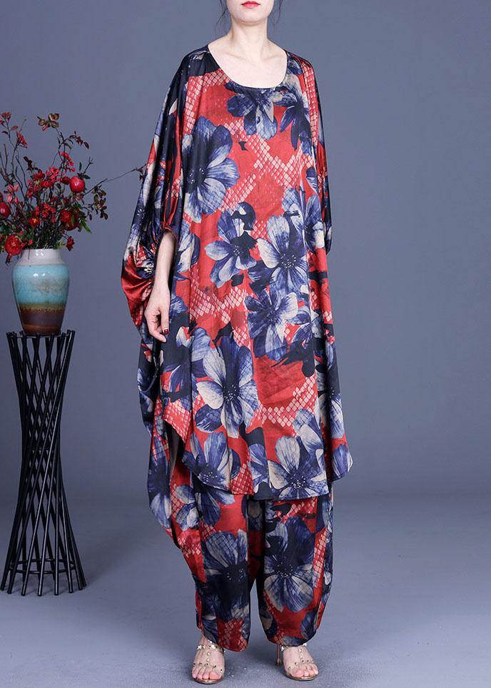 Unique Blue Print low high design Silk  Wide Leg Two Pieces Set - SooLinen